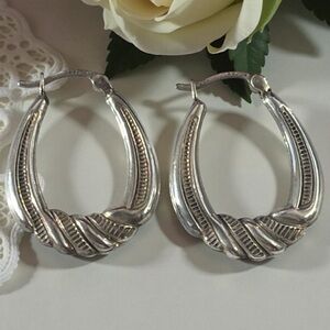Gorgeous Vintage Signed SA925S Silver Textured Hoop Earrings